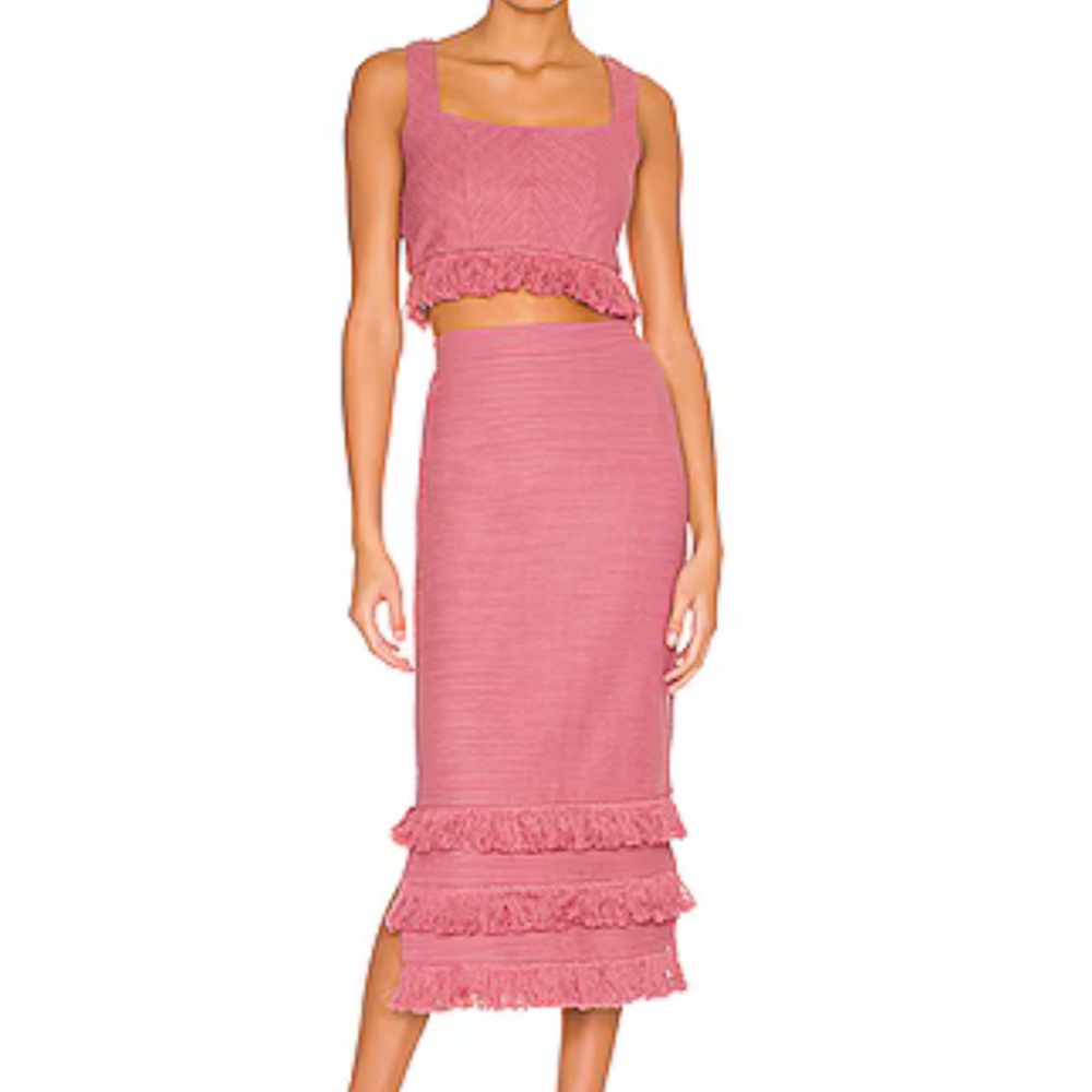 Saylor mauve pink skirt set with cropped top and fringe edging